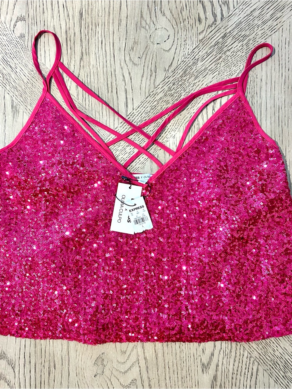 Express x Olivia Culpo Pink Sequin Strappy Cropped Tank V-Neck Sleeveless L